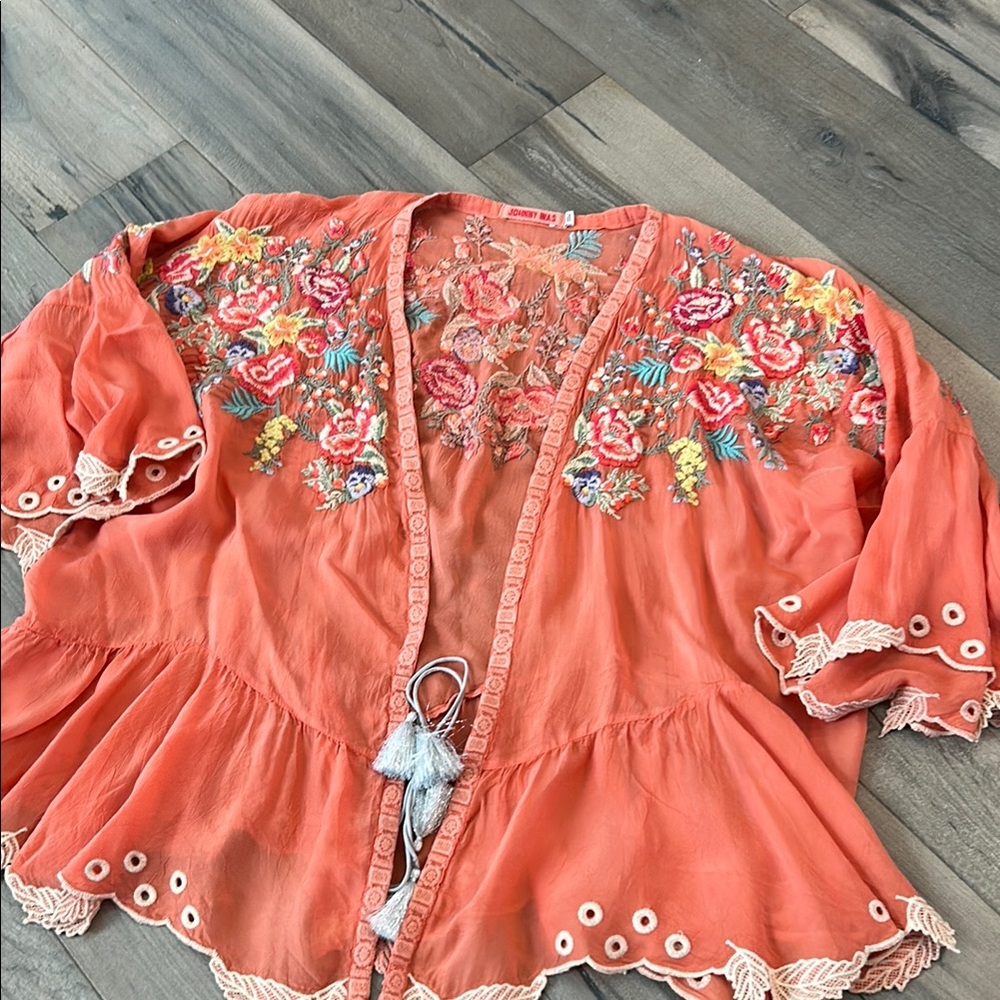 Johnny Was Coral Embroidered Blouse